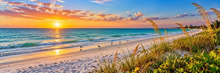 Fort Myers beach at sunset with Gulf waves, white sand, sea oats, and shorebirds