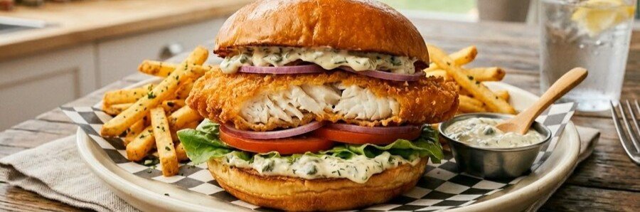 Crispy grouper sandwich with lettuce, tomato, red onion, herb sauce, and seasoned fries.