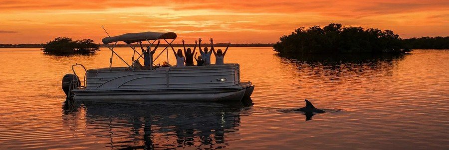 Dolphin swimming beside a pontoon tour boat on the Indian River Lagoon at sunset.