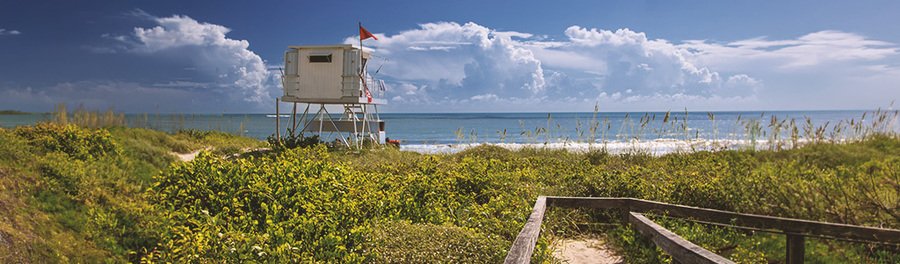 Lifeguard tower, coastal dunes, and Atlantic shoreline at Frederick Douglass Memorial Park.