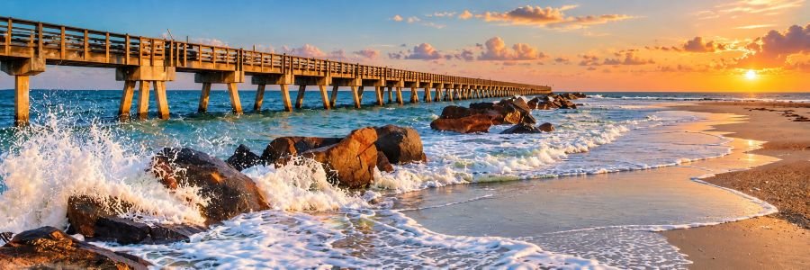 Waves crashing along the rocky shoreline beside a long pier at Fernandina Beach.