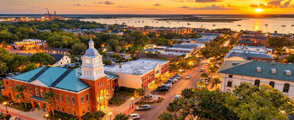 Aerial sunset view over historic downtown Fernandina with the waterfront and marina in the distance.