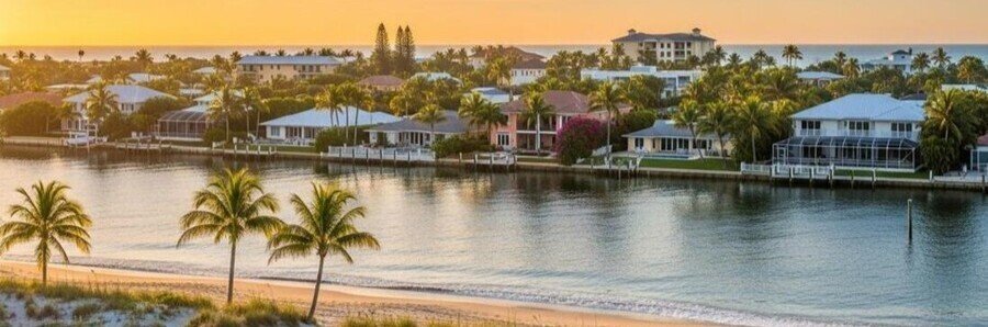Scenic waterfront homes and palm trees along the Intracoastal Waterway in Hobe Sound, Florida at sunset.