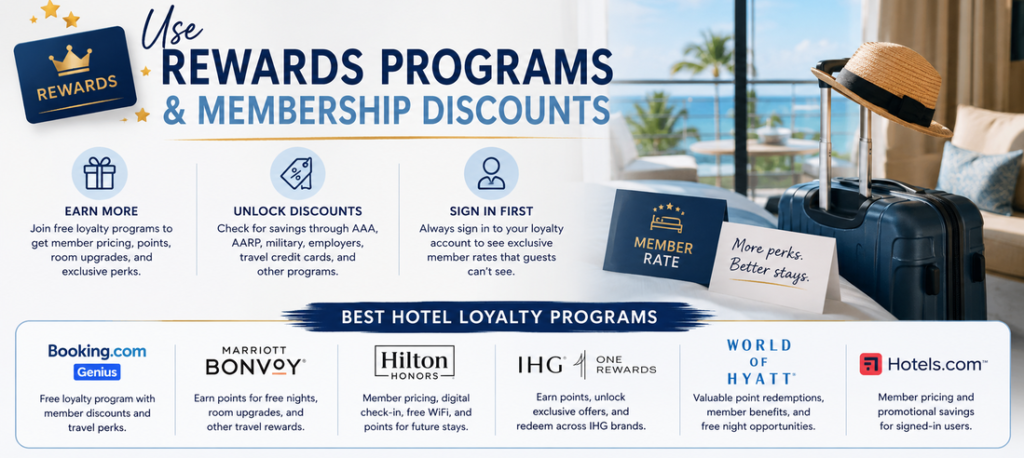 Travel banner showing hotel loyalty programs, membership discounts, and rewards for earning points, member rates, and free hotel stays.