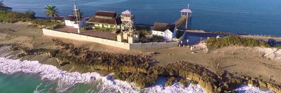 Aerial view of the House of Refuge Museum overlooking the Atlantic Ocean on Hutchinson Island, Florida.