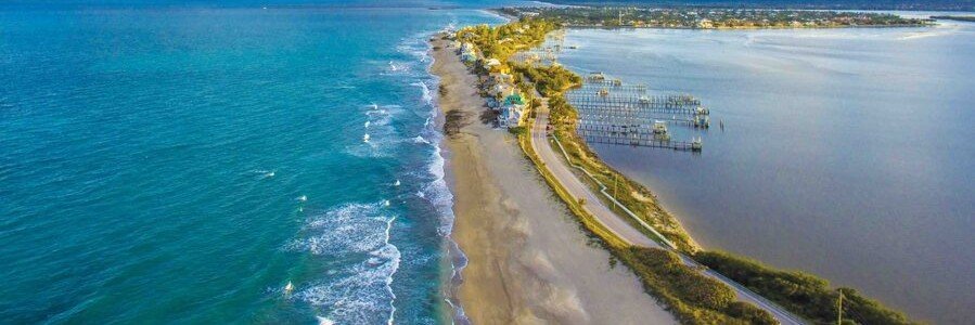 Aerial view of Hutchinson Island between the Atlantic Ocean and Indian River Lagoon