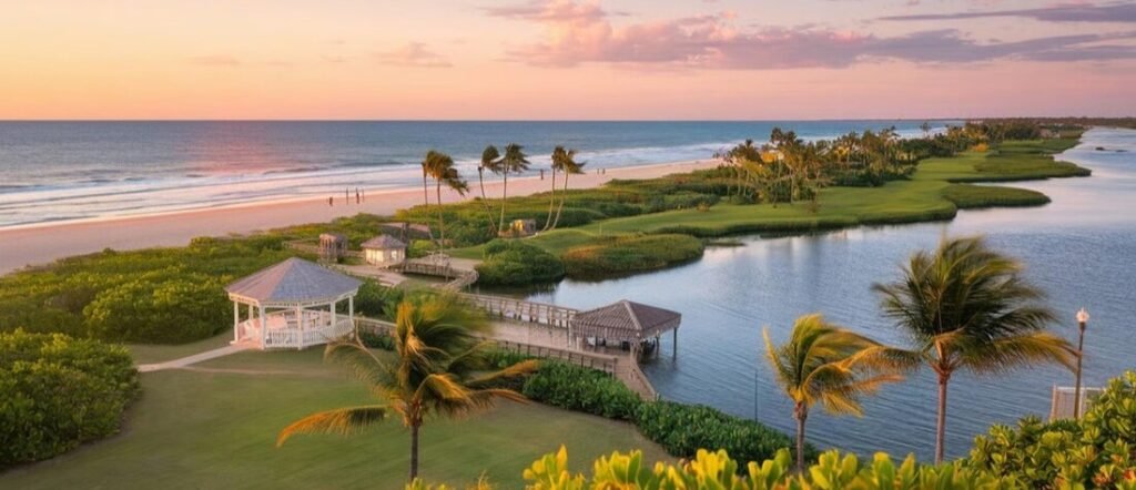 An aerial view of Indialantic Beach with the Atlantic Ocean, Indian River Lagoon, palm trees, and waterfront parks.