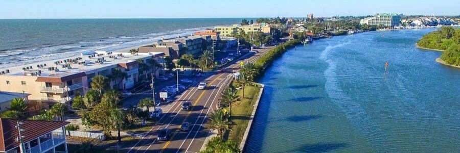 Aerial view of Indian River Shores with Hutchinson Island beaches and the Indian River Lagoon in Florida.