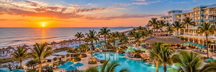 Margaritaville Beach Resort Fort Myers Beach with tropical pool and Gulf sunset