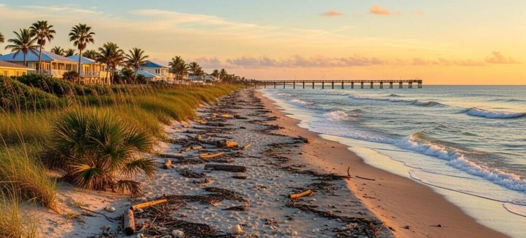 Sunrise over Melbourne Beach with sea oats, sandy shoreline, and a fishing pier.