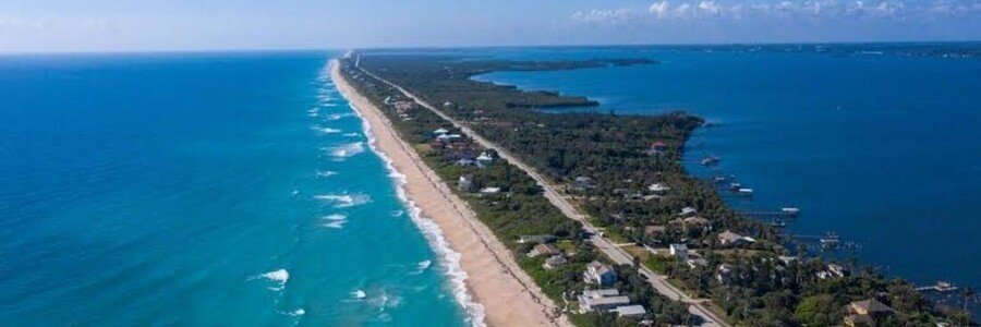 Aerial view of Melbourne Florida beaches between the Atlantic Ocean and Indian River Lagoon.