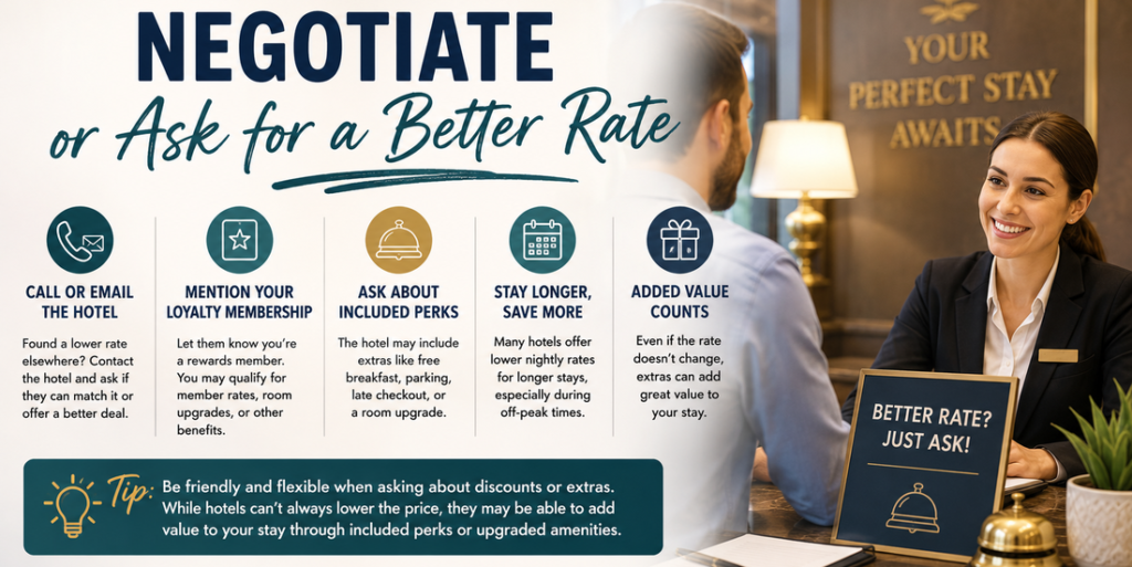 Travel banner showing tips for negotiating hotel rates, asking for discounts, loyalty perks, and free hotel upgrades.