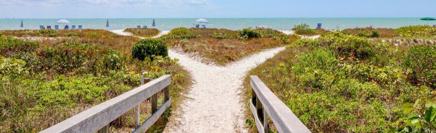 Sandy path through dune grasses toward a beach with umbrellas and chairs in the distance. Boardwalk leading to a sunny beach with blue umbrellas and the ocean beyond. Path through coastal dunes to the shoreline with distant beachgoers and umbrellas. Beach access path bordered by grasses and a wooden railing, guiding to the ocean. Relaxed summer scene: sandy trail to the sea with umbrellas along the shore.