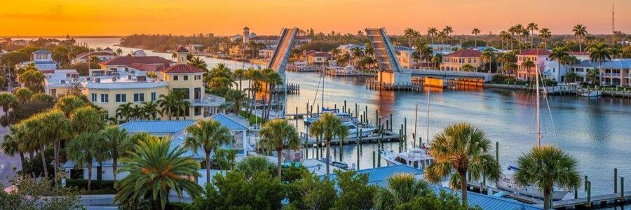 Sunset over the Port Salerno waterfront with marina, drawbridge, and boats along Florida's Treasure Coast.