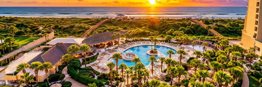 The Ritz-Carlton Amelia Island with a tropical pool, palm trees, coastal dunes, and the Atlantic Ocean.