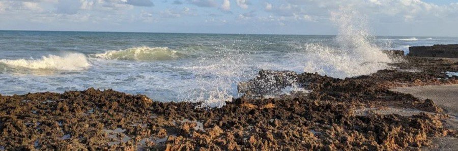Waves crashing against the rocky shoreline near Seagrape Trail Beach in Indian River Shores, Florida.