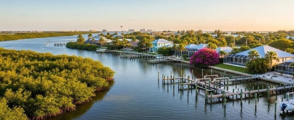 Aerial view of mangrove-lined waterways, waterfront homes, docks, and boats in Sebastian, Florida. | Beach Travel Destinations Canal-lined residential marina with wooden docks, boats, and mangroves, pastel houses, and a bright pink flowering shrub.
