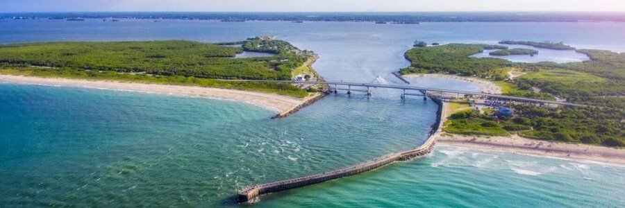 Aerial view of Sebastian Inlet connecting the Atlantic Ocean with the Indian River Lagoon in Florid