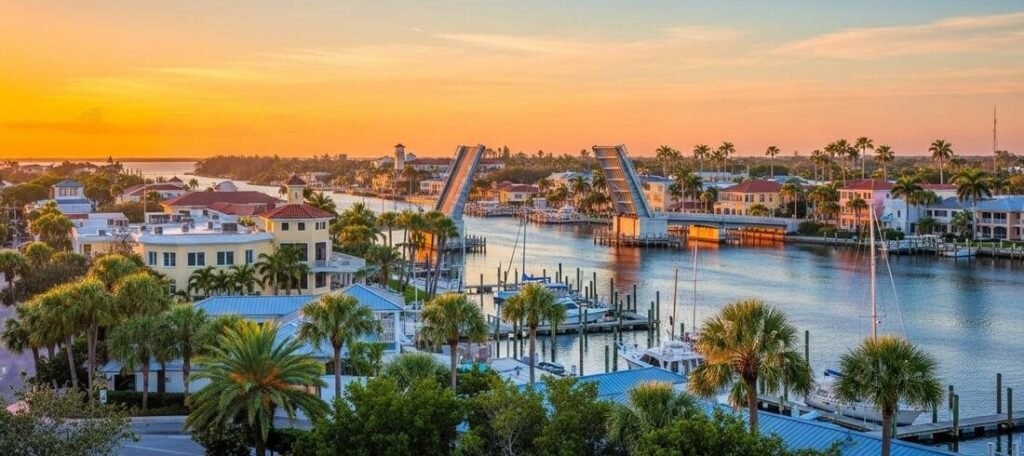 Sunrise Over the Roosevelt Bridge in Stuart, Florida | Beach Travel Destinations Sunrise over the Roosevelt Bridge and St. Lucie River in Stuart, Florida