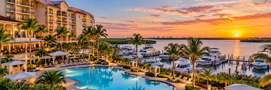 The Westin Cape Coral Resort at Marina Village overlooking the waterfront and marina at sunset