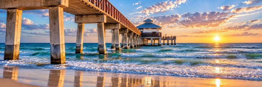 Fort Myers Beach pier stretching over turquoise Gulf waters at sunset in Southwest Florida