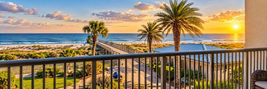 Ocean view from Terraces at Beachside with palm trees, sandy dunes, and a boardwalk leading to the beach.