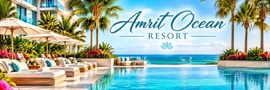 Amrit Ocean Resort infinity pool overlooking turquoise Atlantic waters, surrounded by tropical palm trees, luxury loungers, white umbrellas, and colorful flowers.