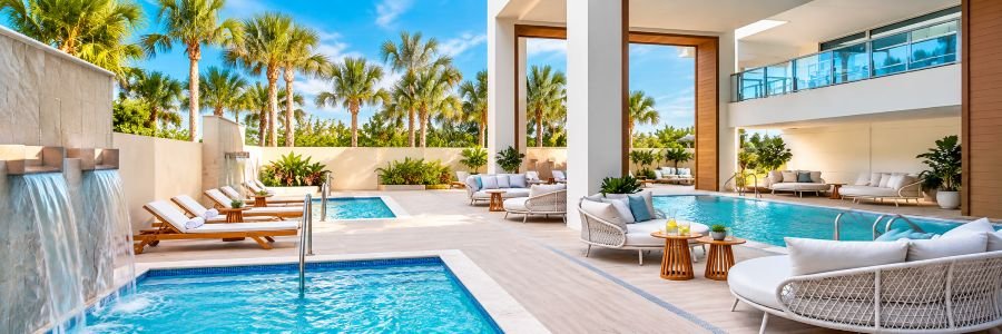 Amrit Ocean Resort on Singer Island with luxury pools, loungers and tropical palms