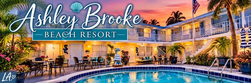 Charming two-story coastal resort surrounding a turquoise swimming pool, with tropical palms, outdoor seating, a dolphin fountain, and a pink sunset sky.