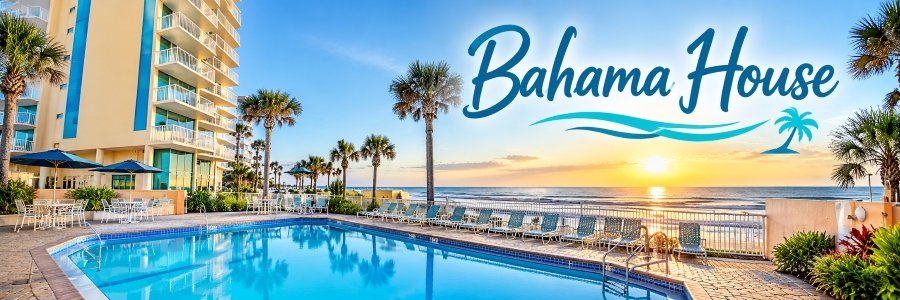 Oceanfront swimming pool at Bahama House with palm trees, lounge chairs, and sunrise over the Atlantic Ocean.