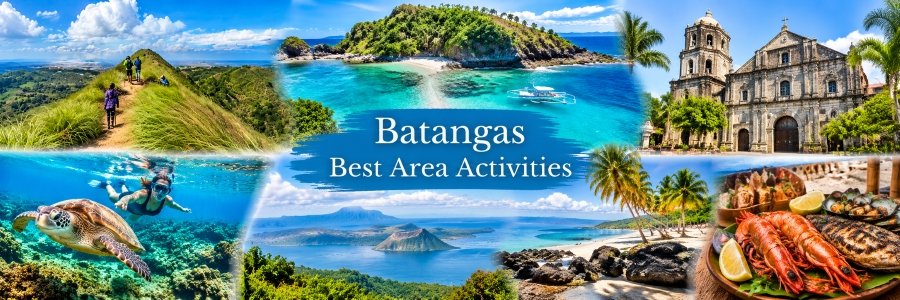 Batangas | Best Area Activities & Adventures Colorful travel collage featuring mountain hiking, snorkeling with a sea turtle, tropical beaches, historic architecture, and coastal scenery.