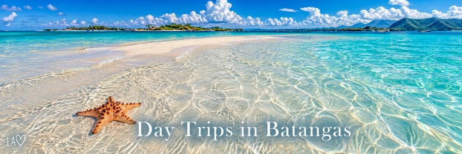 Batangas Day Trips | Beautiful Tropical Sandbar Crystal-clear turquoise waters surrounding a white sandbar with a starfish in the foreground and distant mountains in Batangas, Philippines.