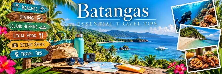 Batangas Essential Travel Tips | Plan Your Tropical Getaway Colorful Batangas tropical travel scene featuring turquoise beaches, island views, diving and seafood photos, wooden directional signs, and vacation essentials including a sun hat, sunglasses, and sunscreen.