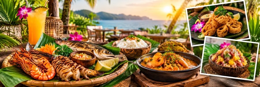 Batangas Local Food | Fresh Seafood & Filipino Flavors Delicious grilled prawns, squid, and fish served with rice, lime wedges, and tropical drinks overlooking the ocean, with inset photos of crispy seafood and a colorful tropical dish.