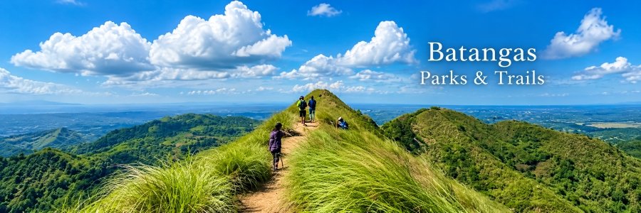 Batangas | Parks & Trails at Mount Batulao Hikers exploring a grassy mountain ridge along Mount Batulao, with rolling green hills and panoramic countryside views.