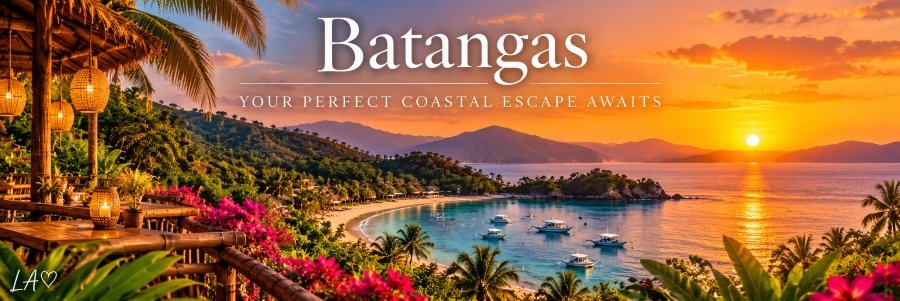 Batangas | Your Perfect Coastal Escape Awaits Breathtaking Batangas sunset overlooking a turquoise coastal bay with traditional outrigger boats, tropical palm trees, lush green hills, and a glowing seaside terrace.