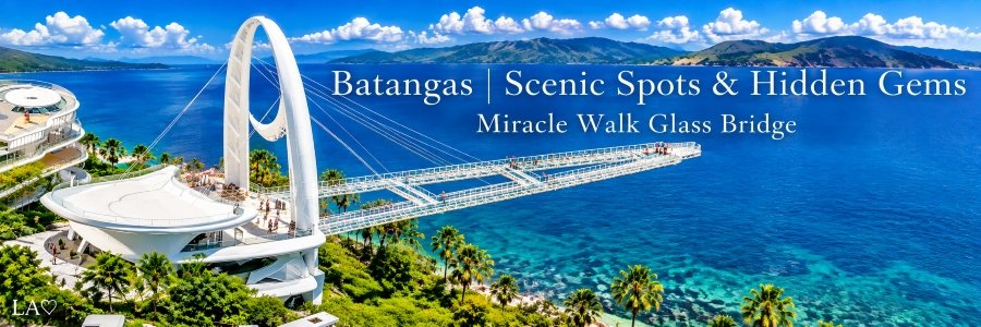 Batangas | Scenic Spots & Hidden Gems Miracle Walk Glass Bridge extending over brilliant blue coastal waters with tropical greenery and distant mountains in Batangas, Philippines.