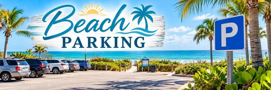 Beach parking area near a sandy Atlantic Ocean beach with parked cars, tropical palm trees, a parking sign, and turquoise water in Florida.