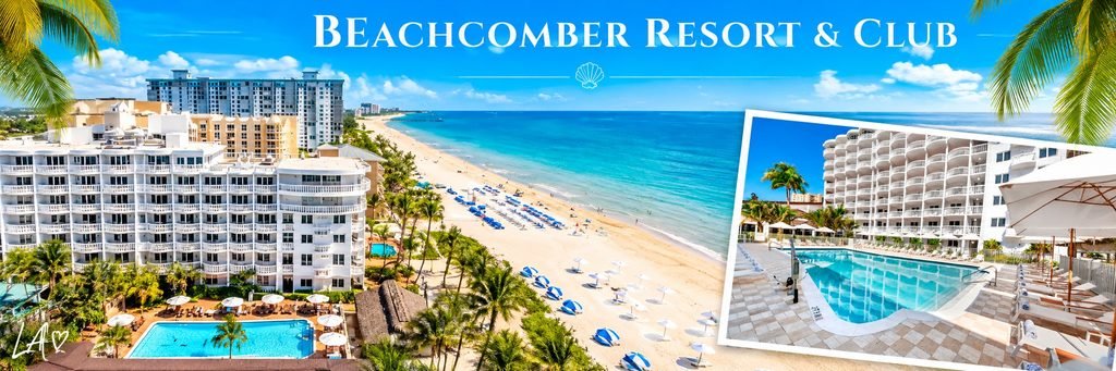 Oceanfront resort collage featuring white balconies, a sparkling turquoise swimming pool, tropical palm trees, sandy beach, and blue beach umbrellas.