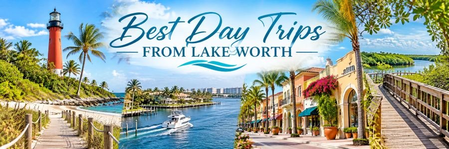 Best day trips from Lake Worth, Florida, featuring a coastal lighthouse, scenic beaches, waterfront boating, colorful downtown streets, and nature boardwalks.