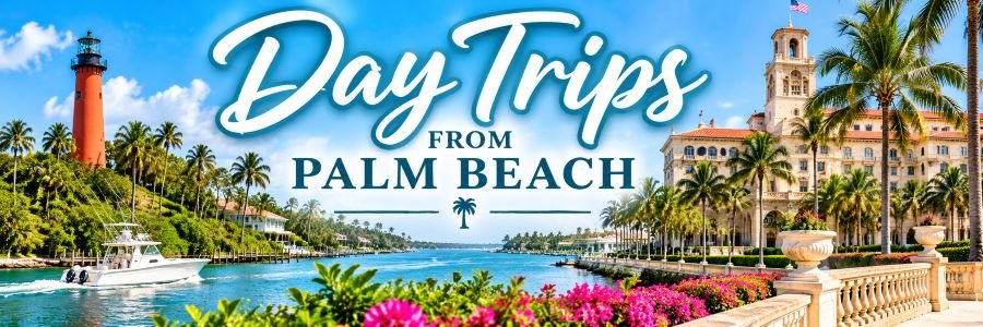 Scenic day trips from Palm Beach Florida featuring Jupiter Lighthouse, turquoise waterways, tropical palm trees, and elegant coastal architecture.