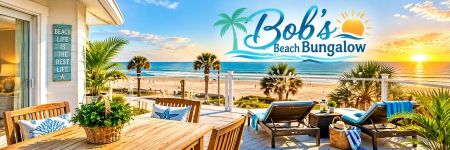 Oceanfront bungalow terrace with wooden dining furniture, tropical plants, lounge chairs, and golden sunset views over the beach.