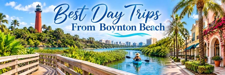 Colorful coastal travel banner featuring a red lighthouse, tropical boardwalk, scenic waterways, a kayaker, and palm-lined streets.