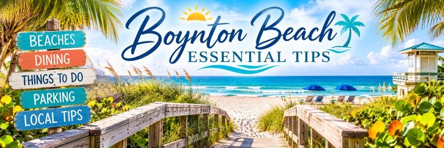 Tropical beach boardwalk leading toward turquoise ocean water, with colorful wooden signs for beaches, dining, activities, parking, and local tips.