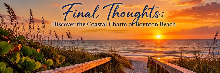 Boynton Beach coastal sunset banner featuring golden skies, ocean waves, sea oats, and a wooden beach boardwalk.