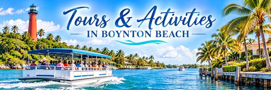 Scenic tropical waterway with a sightseeing tour boat, red lighthouse, palm trees, waterfront homes, and sparkling turquoise water.
