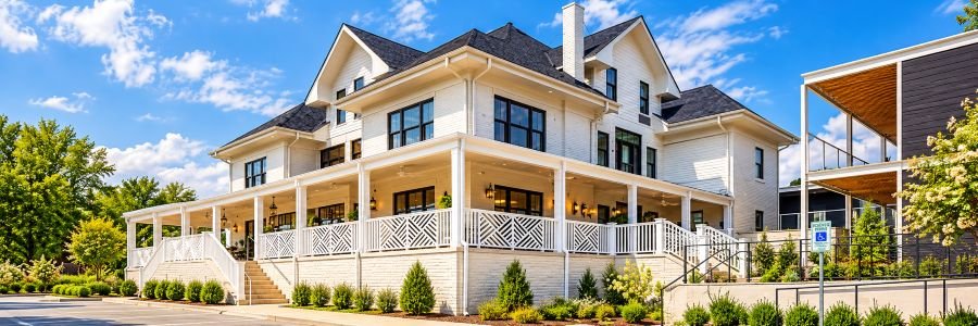 Bradford House Bed and Breakfast in with white exterior, wraparound porch, and landscaped grounds