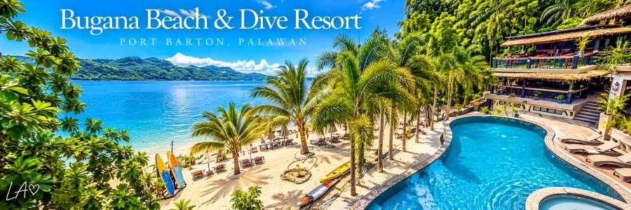 Bugana Beach & Dive Resort in Negros Occidental featuring a curved turquoise swimming pool, tropical palm trees, sandy beachfront, and beautiful bay views.