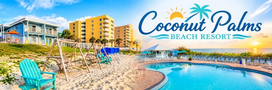 Coconut Palms Beach Resort with colorful beachfront buildings, wooden beach swings, turquoise chairs, and a sparkling swimming pool.