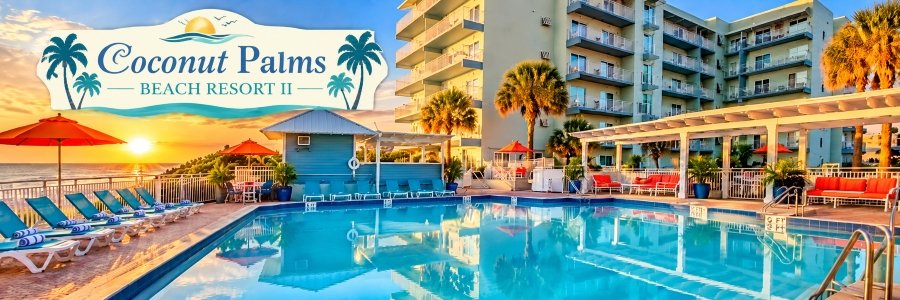 Coconut Palms Beach Resort II | New Smyrna Beach Oceanfront resort swimming pool surrounded by palm trees, lounge chairs, and colorful umbrellas at sunset.